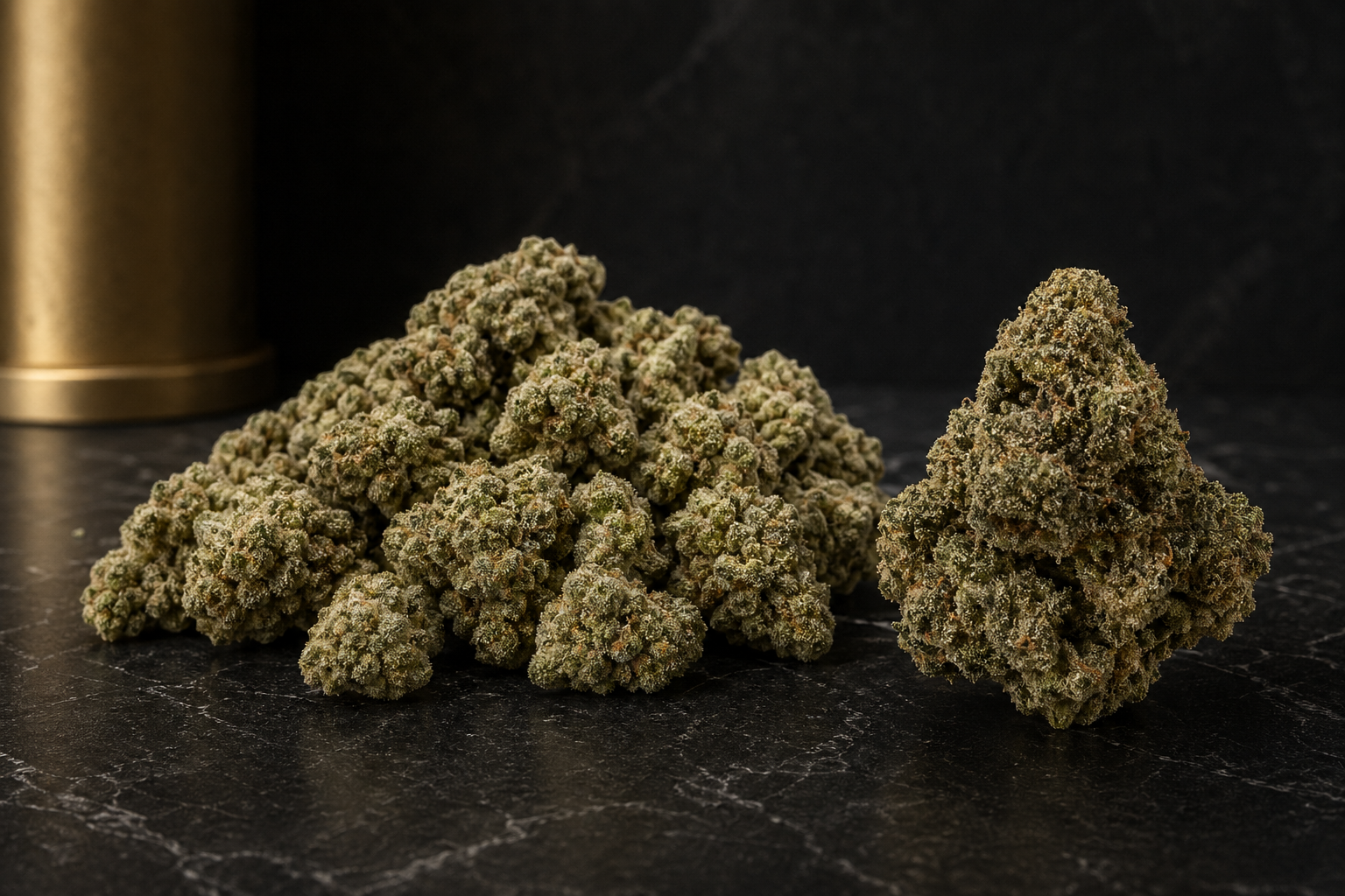 Premium cannabis flower buds presented as adult-only product visual
